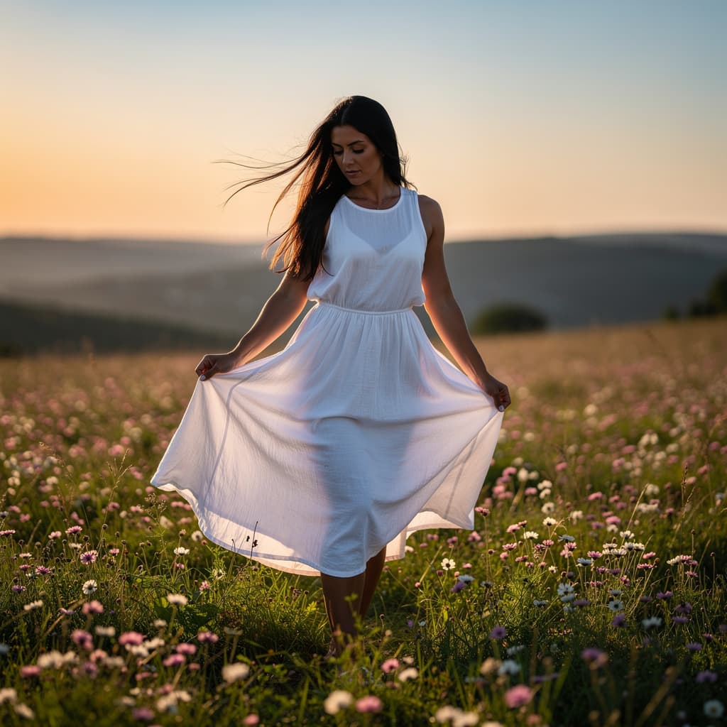 AI generated: A fit adult woman in a white sleeveless dress stands amidst a lush green field dotted with pink and ...
