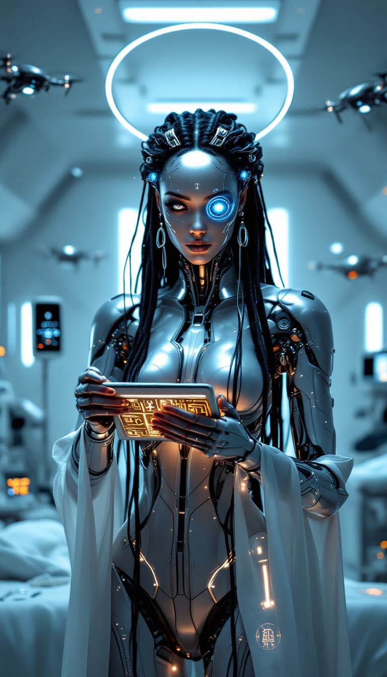 AI generated: An ultra-realistic, full-body static vision of a cyborg priestess woman, radiating a sense of eerie ...