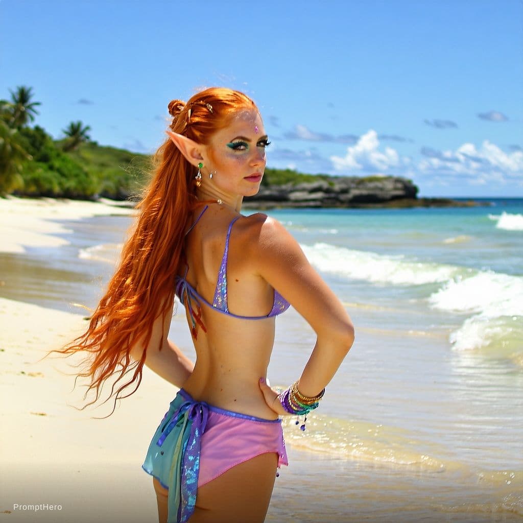 AI generated: Female fantasy elf . On beach. 
Micro bikini. Red hair 