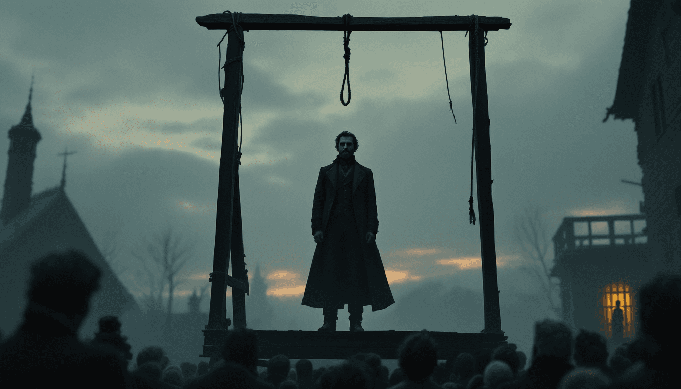 AI generated: A grim gallows scene at dawn, with the sky painted in hues of gray and faint orange as the first lig...