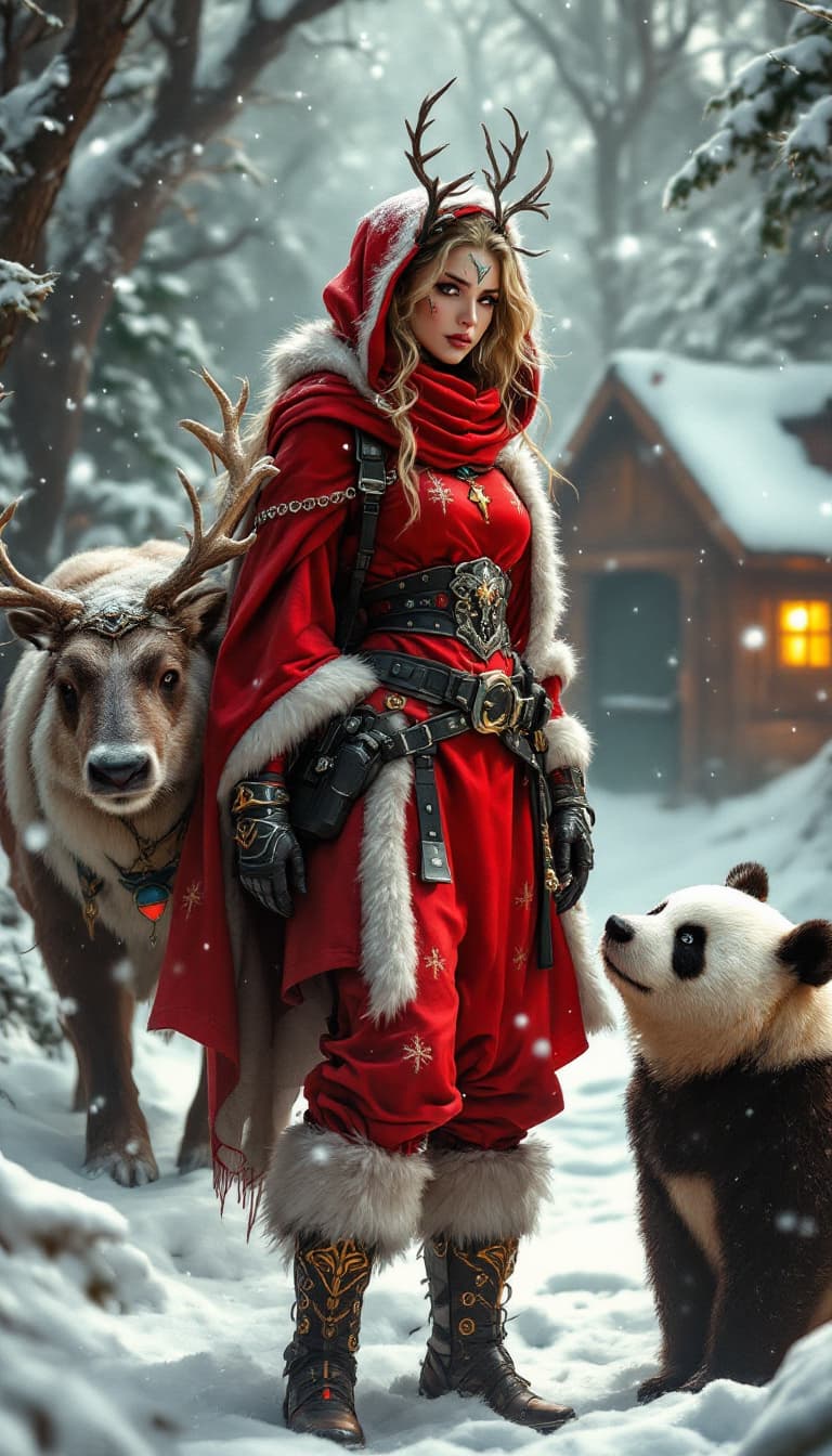 AI generated: Envision a snowy zoo environment where a majestic Lady Santa Claus, blending features of Barbarella,...