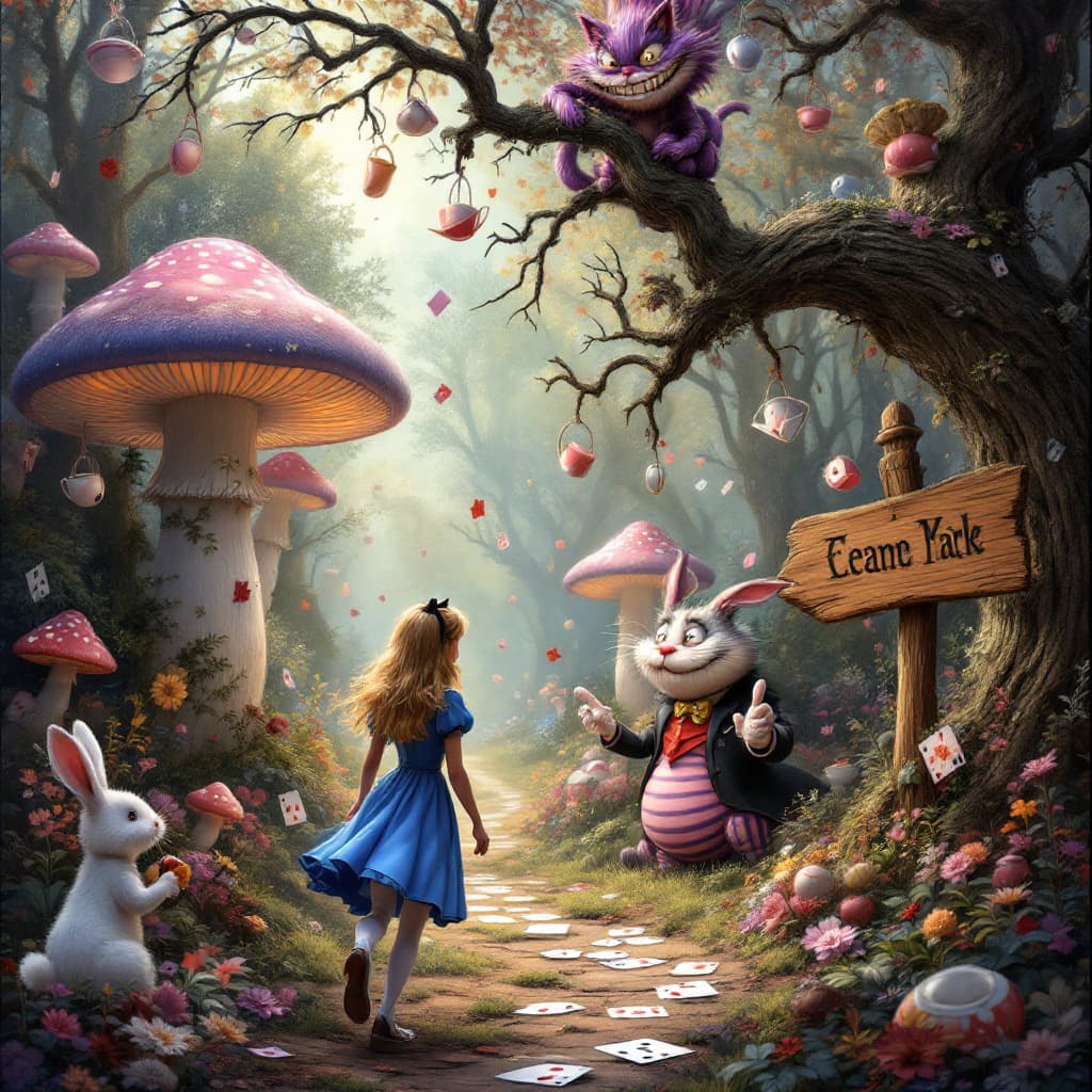 AI generated: A whimsical, dreamlike scene from Alice in Wonderland, featuring Alice in a blue dress walking throu...