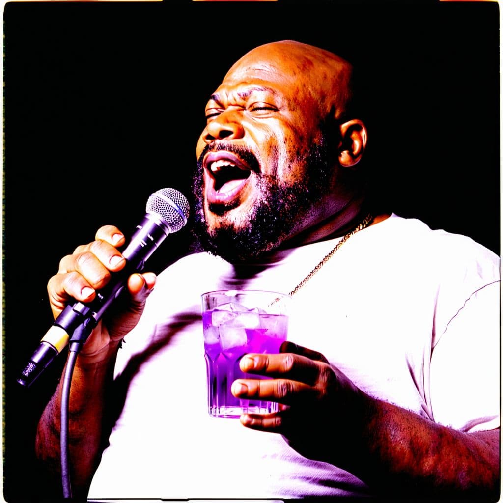 AI generated: very fat, obese, massive, bald black man in the world holding a cup of purple drink with ice cubes, ...