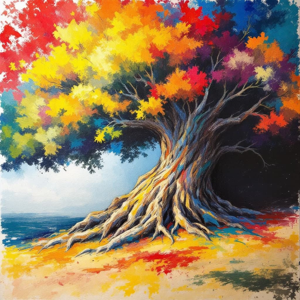 AI generated: Abstract crayon art of huge tree