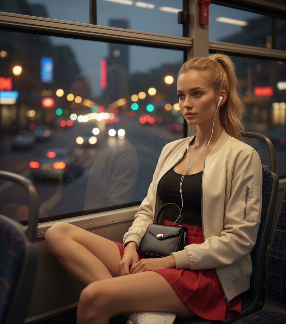 AI generated: A photo-realistic shot of the uploaded woman in a red mini skirt, black top and light jacket, seated...