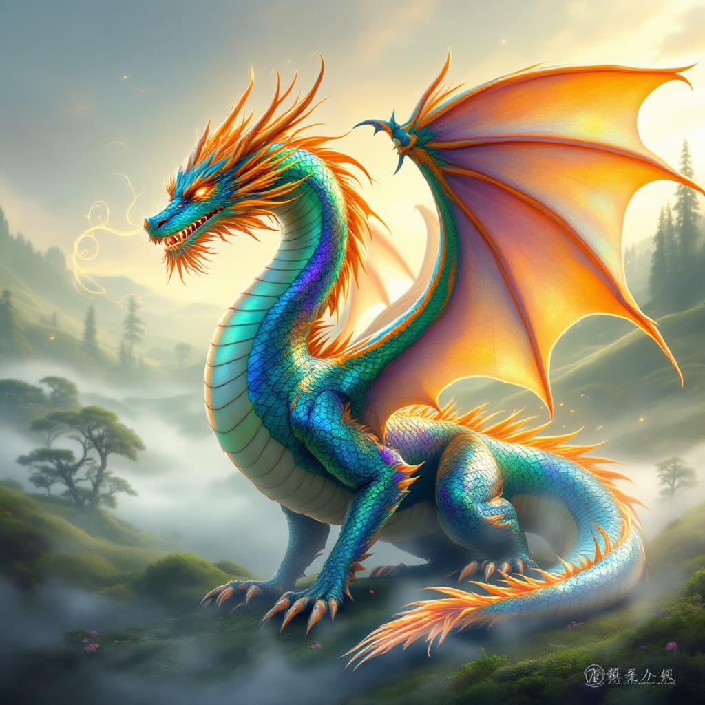 AI generated: A majestic dragon with iridescent scales that shimmer in hues of emerald green, sapphire blue, and f...