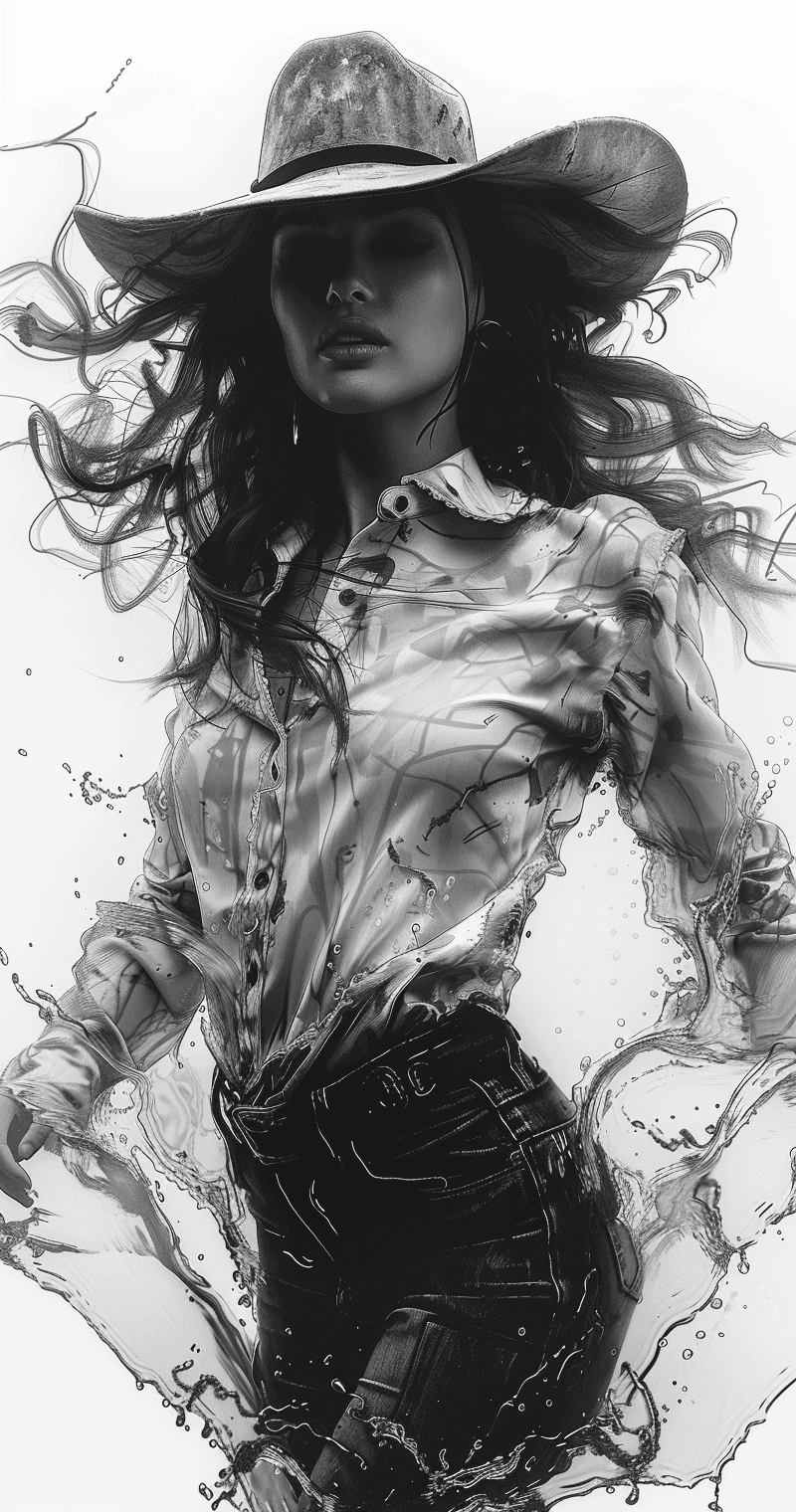 AI generated: Beautiful lineart illustration of the cowgirl dancing, white background, monochrome, hyperrealism, p...