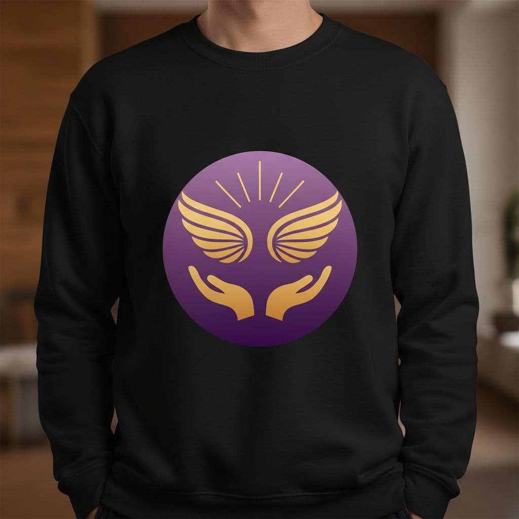 AI generated: put on a black Sweater merchandise: A minimalist, spiritual logo design featuring a purple gradient ...