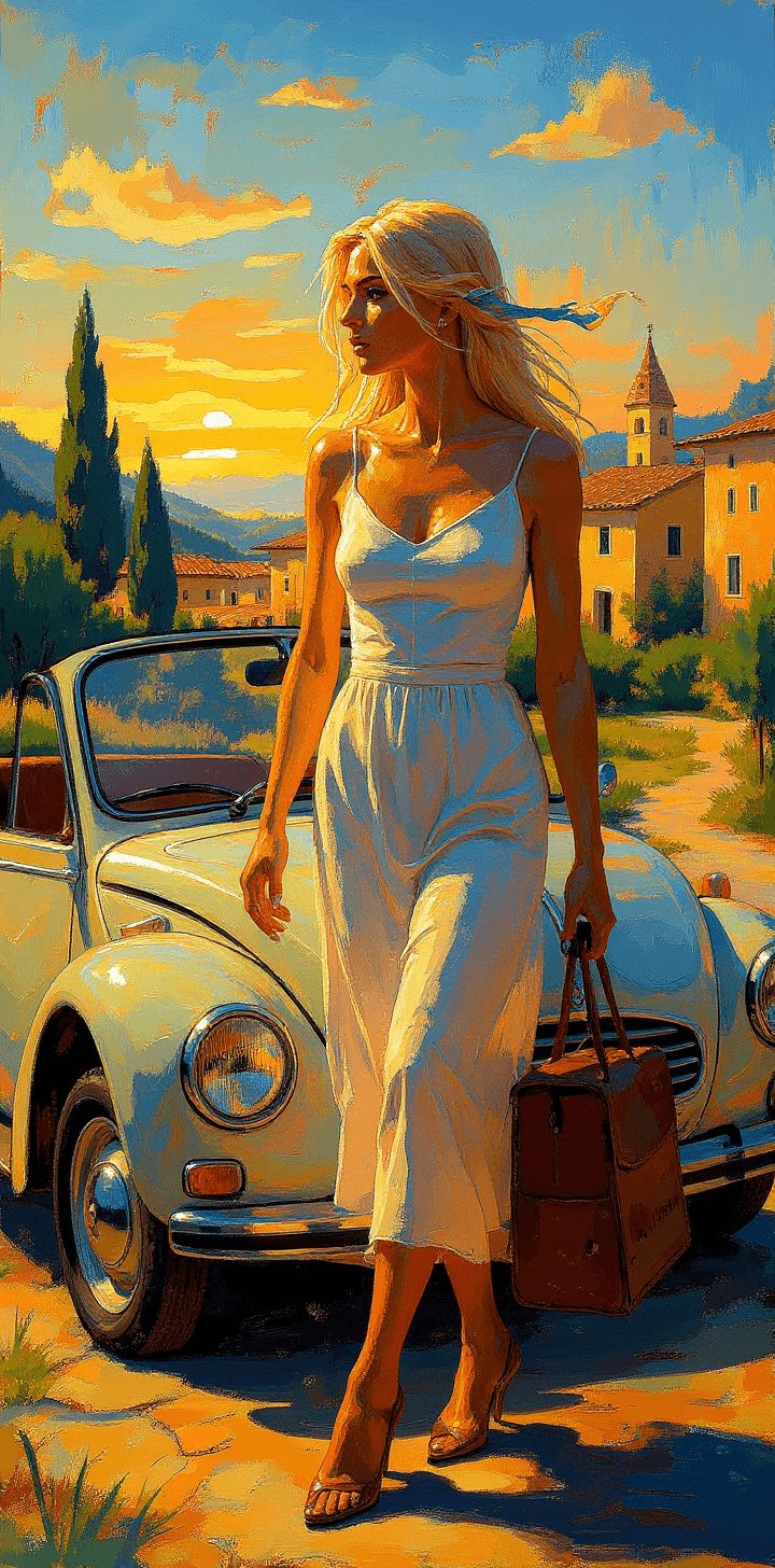 AI generated: portrait of a long blonde hair woman, in the style of Greg Hildebrandt, provance landscapes, a woman...