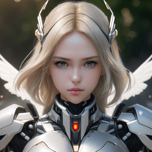 AI generated: A close-up photo of a very beautiful mecha girl, with dark tips beige blonde hair, angelic face, sed...