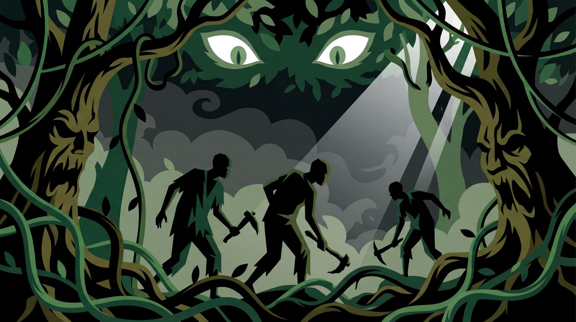 AI generated: Create a Malika Favre  style art: A haunting, cinematic scene set deep in an ancient African jungle....