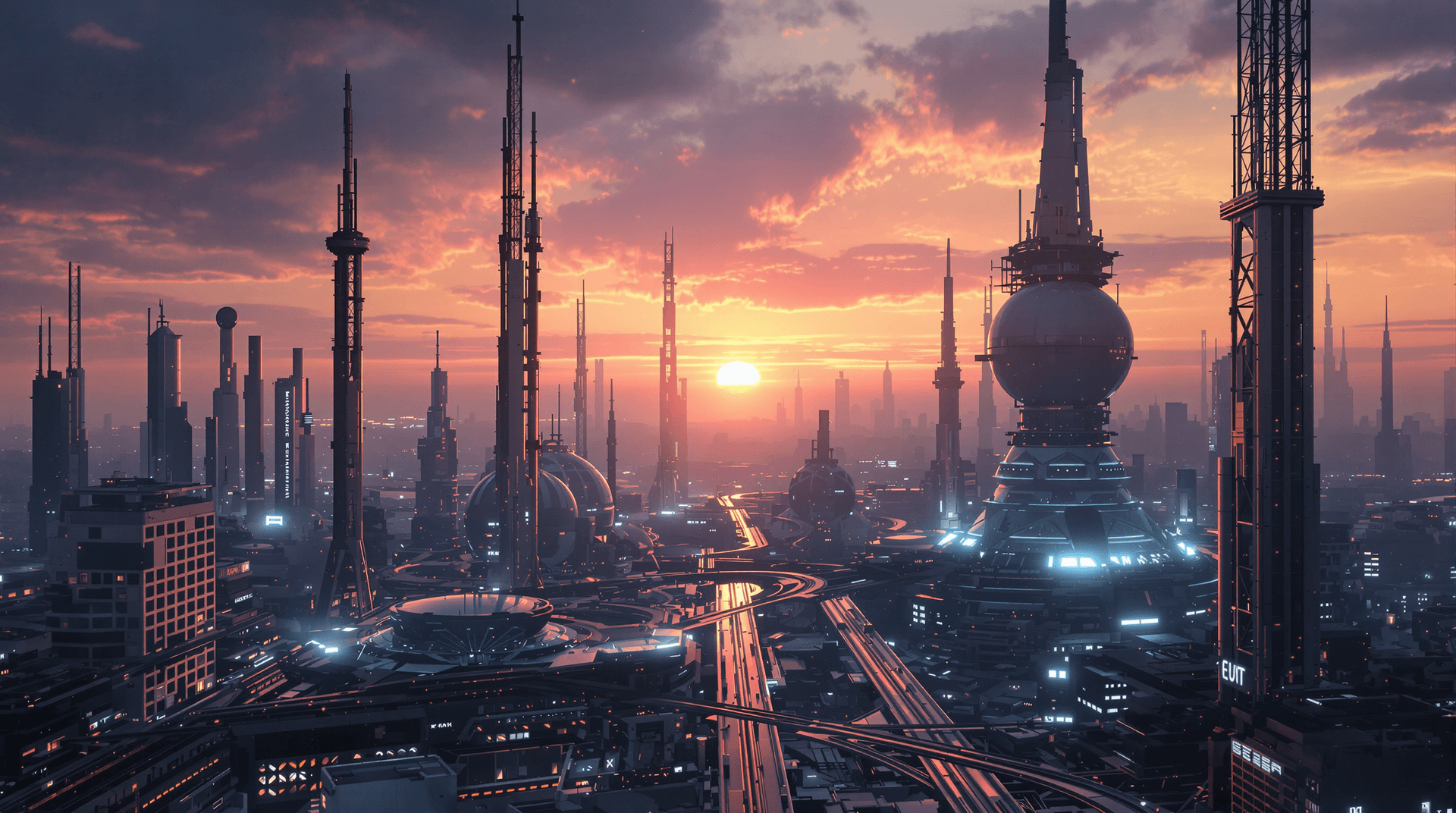 AI generated: A random futuristic scene, epic cinematic, minimalist megacity,  8k, dystopian, eerie sunset