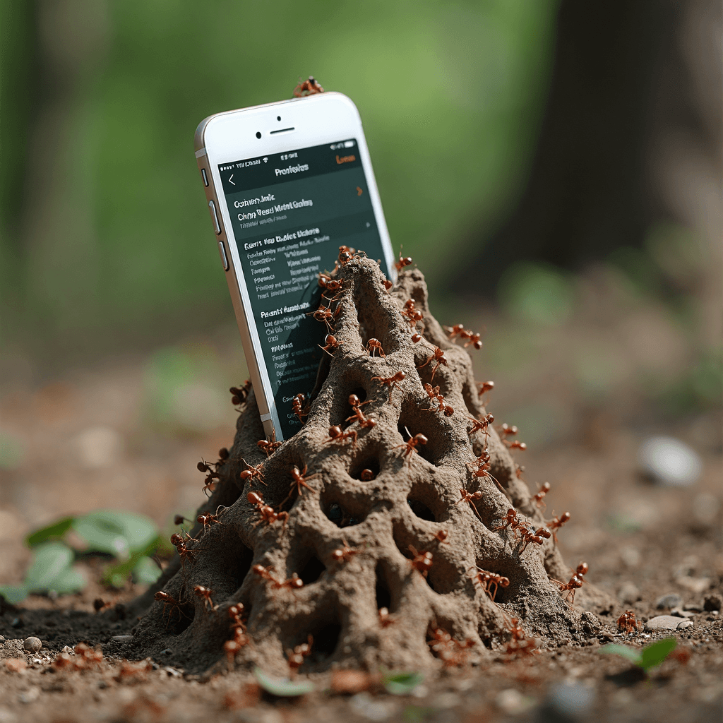 AI generated: The ant mound rises from the ground in a jagged, earthy formation, with twisted tunnels snaking up i...