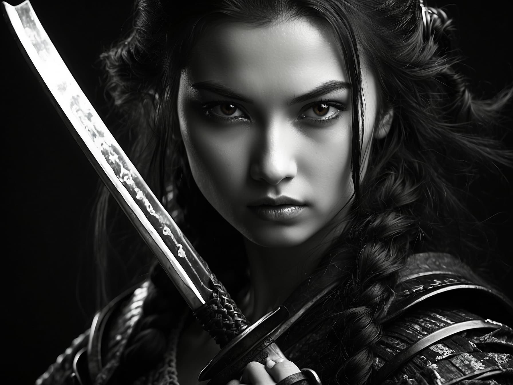 AI generated: samurai girl, black and white realism