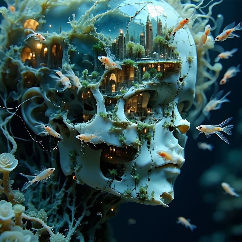 AI generated: "A waterlogged porcelain doll (hair made of kelp, glass eyes containing miniature drowning cities) f...