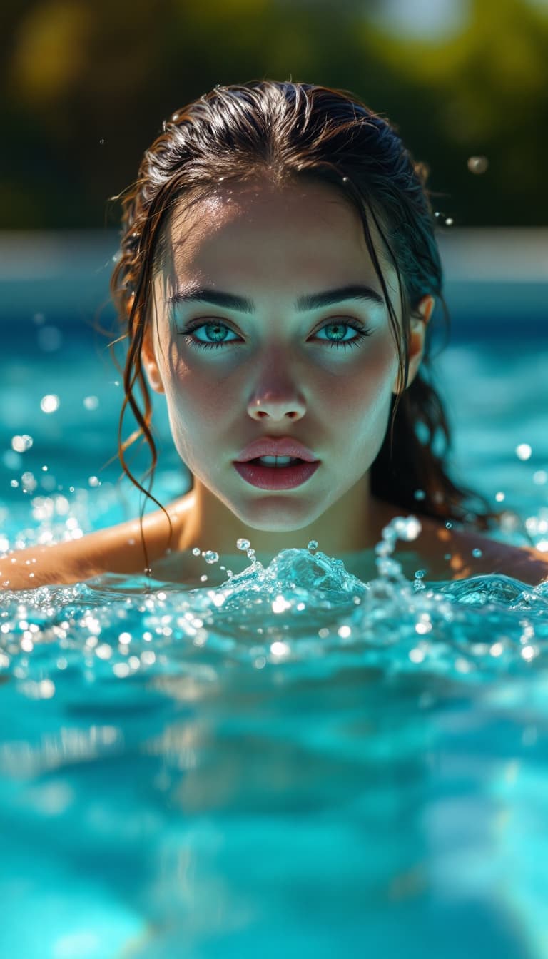 AI generated: extreme reality, hyper realistic, Beautiful, Woman Swimming, Outdoor Pool, Expressive Workout, Incre...