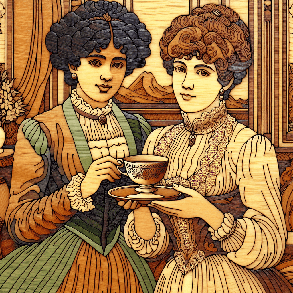 AI generated: style marquetry wood art, two women holding a tea cup