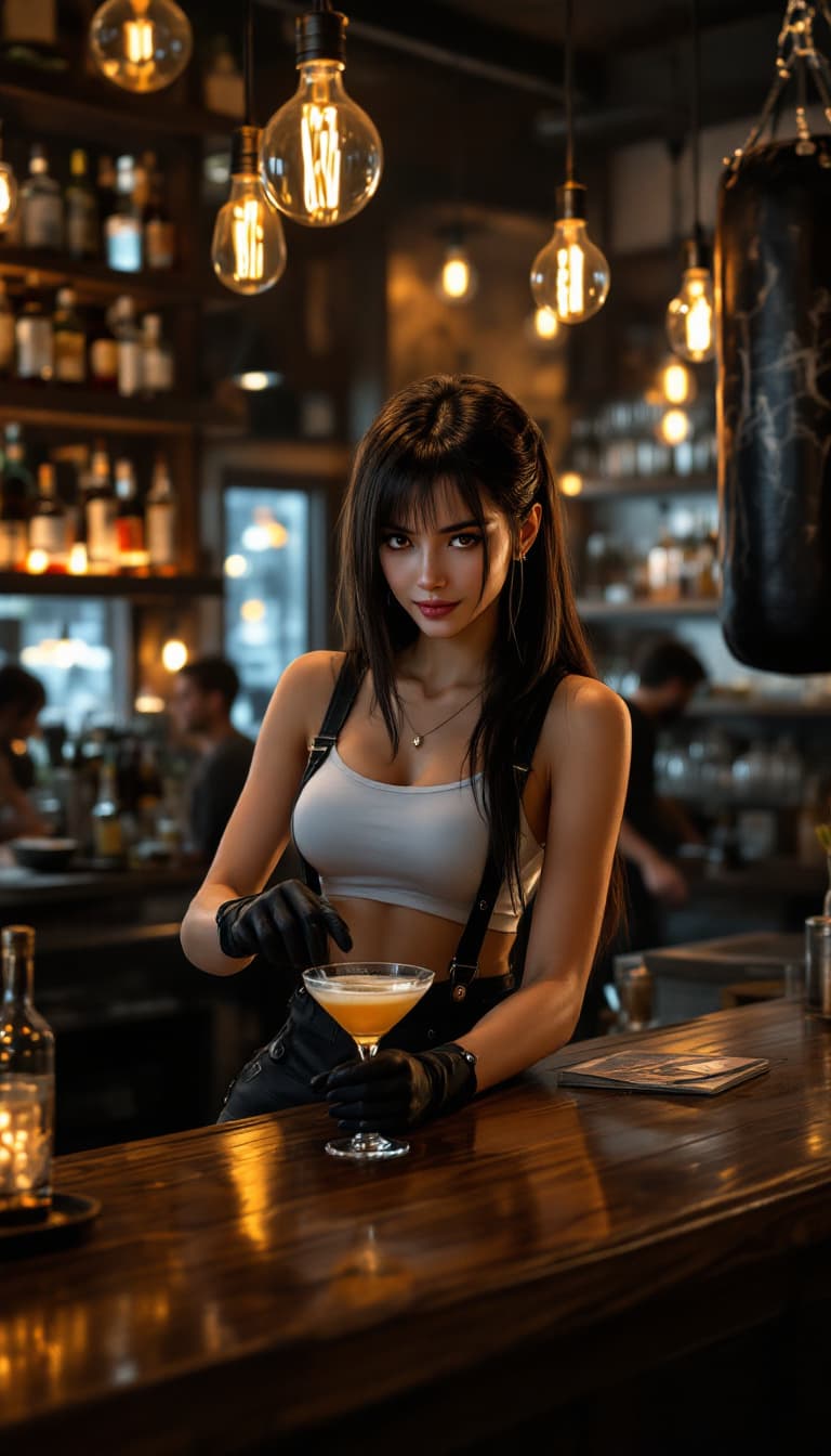 AI generated: A photorealistic candid portrait of a strong, athletic, beautiful Japanese young woman bartender wit...