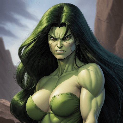 AI generated: She-hulk, long hair, Marvel, from Valorant, Disney reference, half body::4, hero and angry, Manga st...