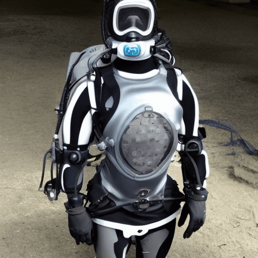 AI generated: underwater deep suit, steel linings, breathing filters on back, mask cover full face, gear emblem on...