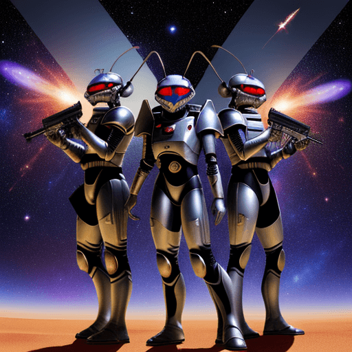 AI generated: army group, alien ant army group with silver armor invasion the planet, gunfire with red ant group, ...