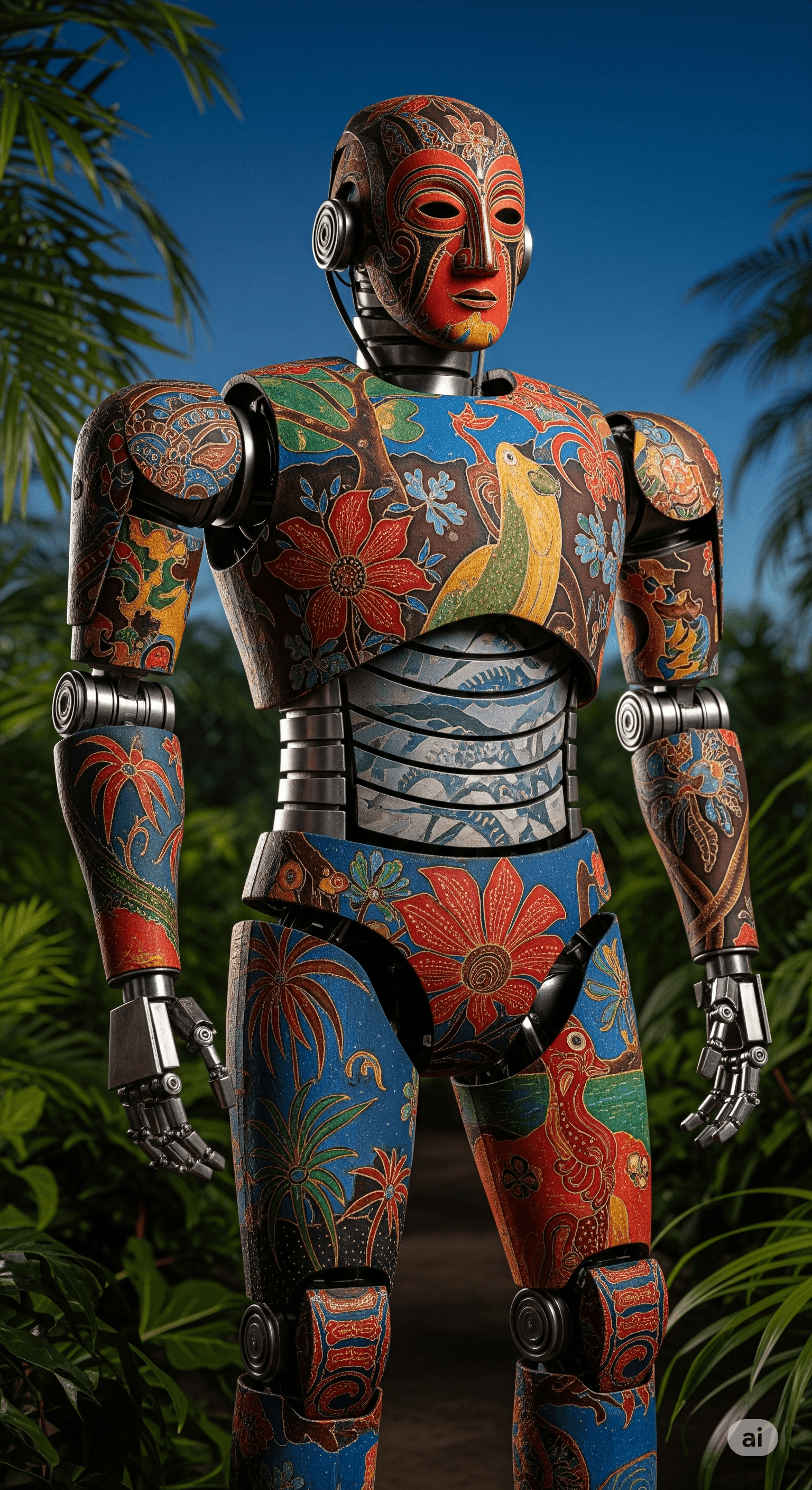 AI generated: a robot whose surface is made of Indonesian batik material in the style of Gauguin