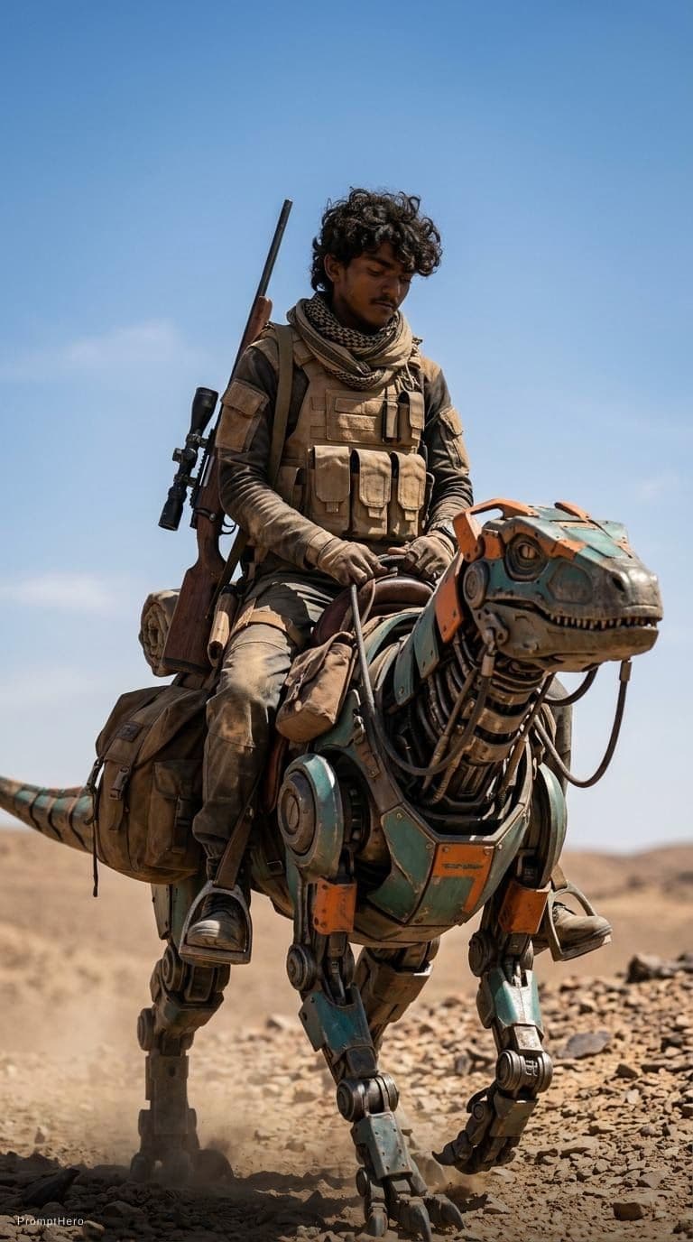 AI generated: A lone desert scout riding a robotic reptile-like pack mount up a rocky slope under a wide open sky,...