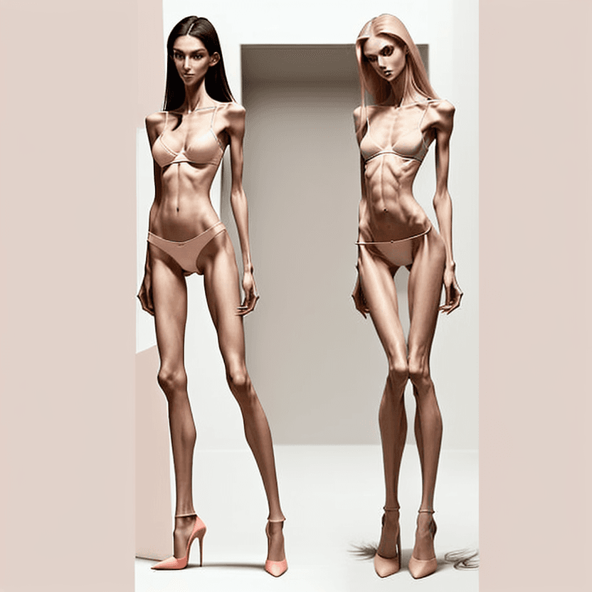 AI generated: photo of two an extremely skinny, flat-chested model with extreme long and skinny legs with extreme ...