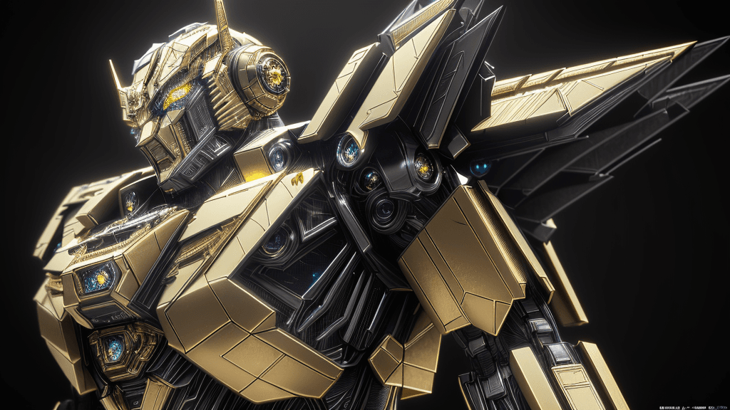AI generated: Transformers, intricate details, metallic texture, black and gold mecha, dynamic posture, azure eyeb...
