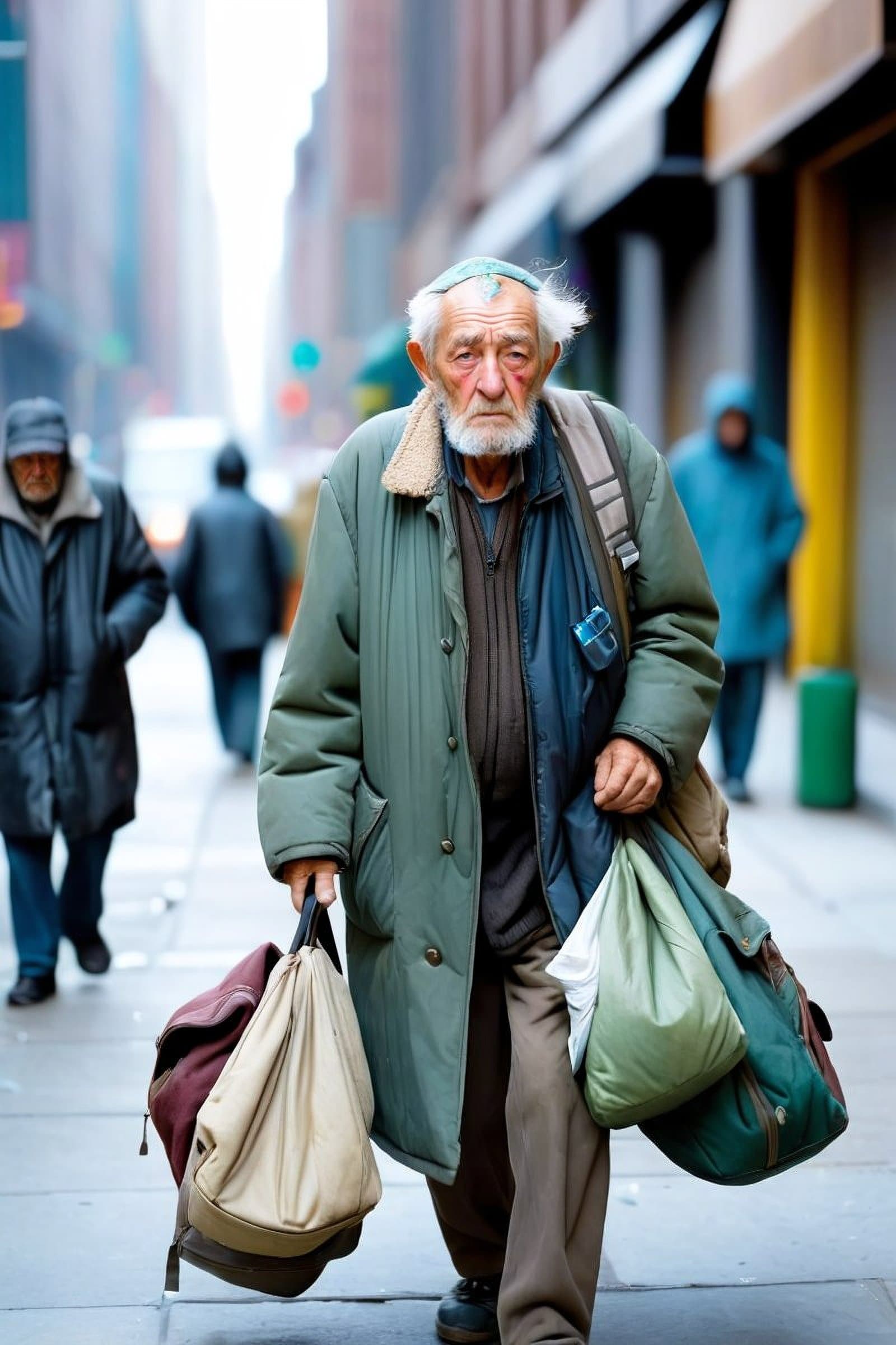 AI generated: Color high-resolution street photograph of an elderly homeless man with a sad expression walking dow...