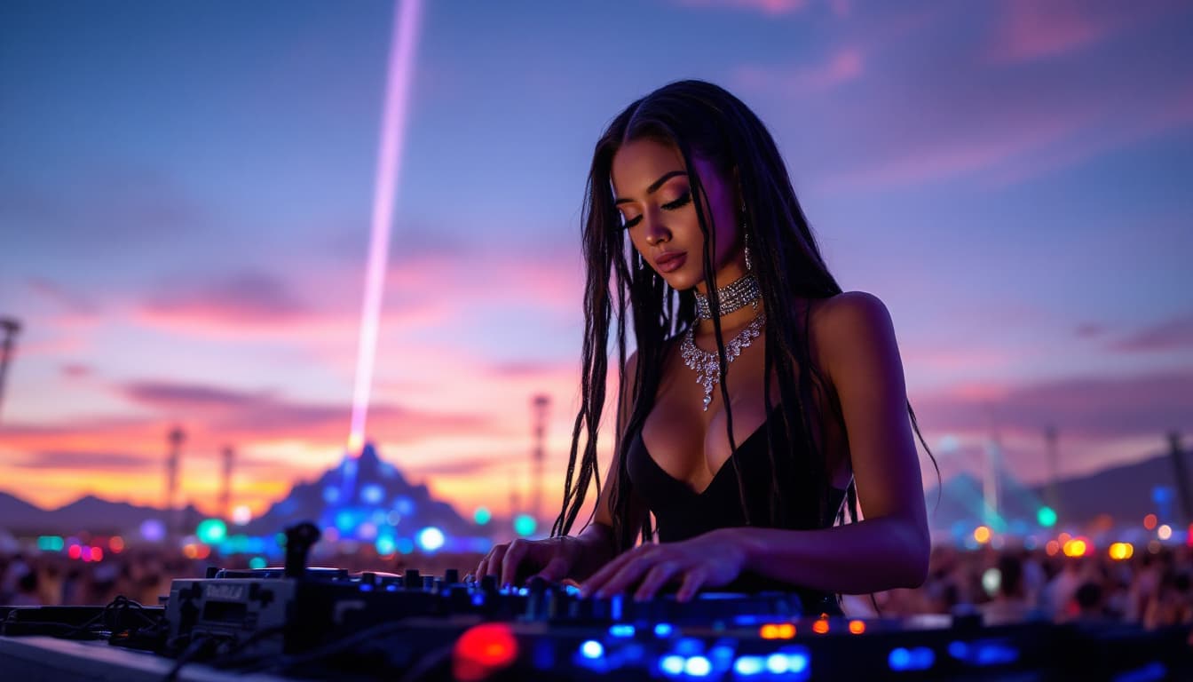 AI generated: Uma cena eletrizante no festival Tomorrowland 2025, durante o pôr do sol no deserto. Uma DJ deslumbr...