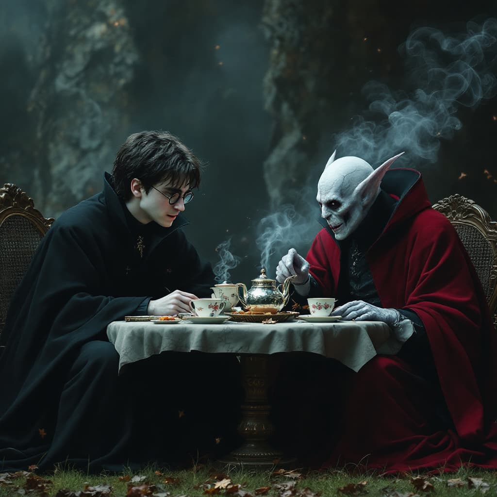 AI generated: Harry Potter and Voldemort having a tea party ((Hyperrealistic :3.3))