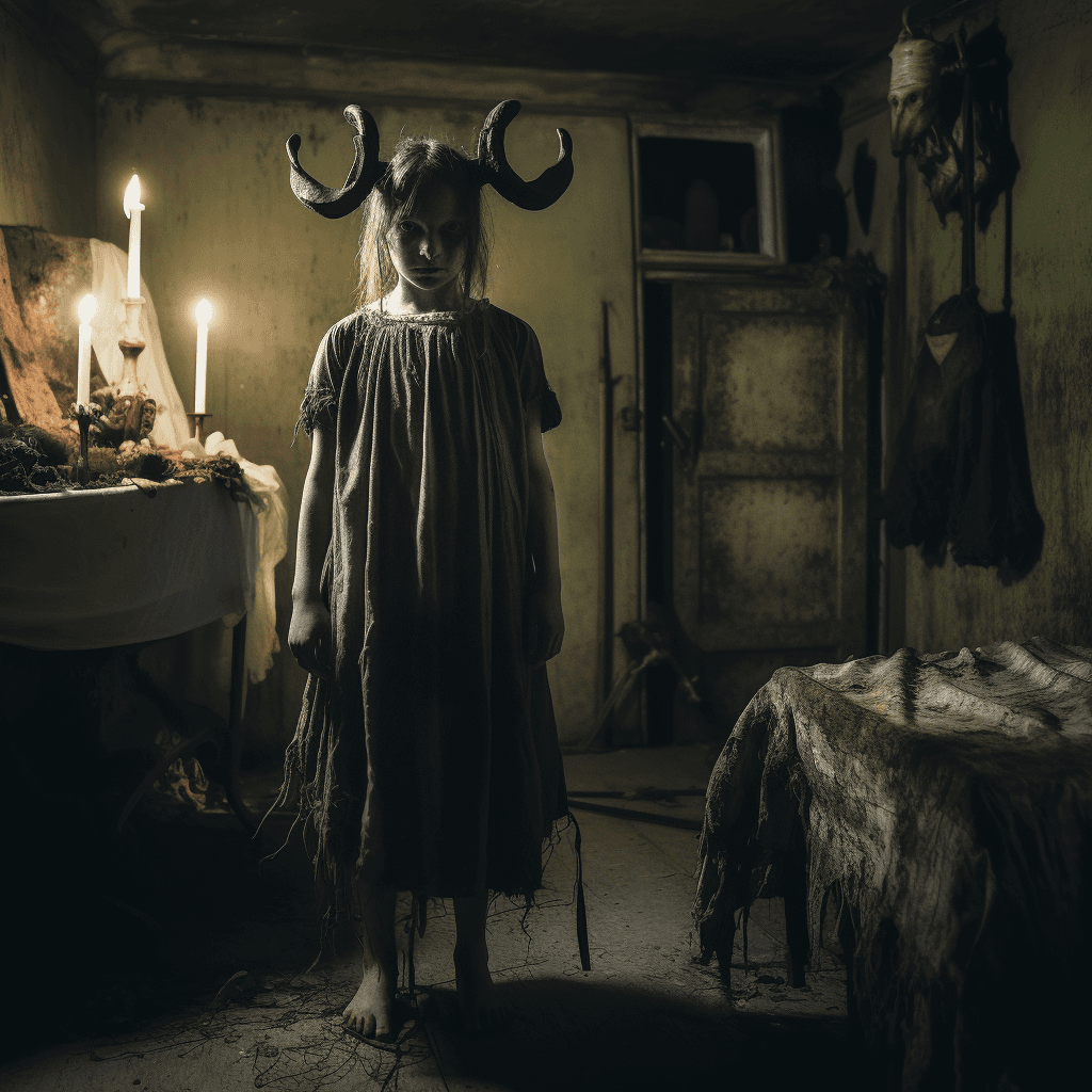 AI generated: An scary horror interior of a house from the middle ages, a poor house, very old. there is a girl wi...