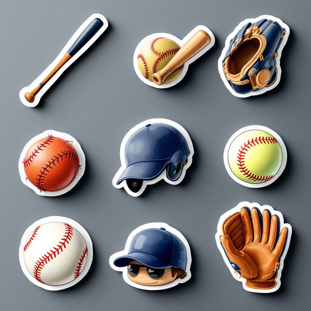 AI generated: "Set of baseball stickers with bats, gloves, and balls in vibrant colors and 3D textures."