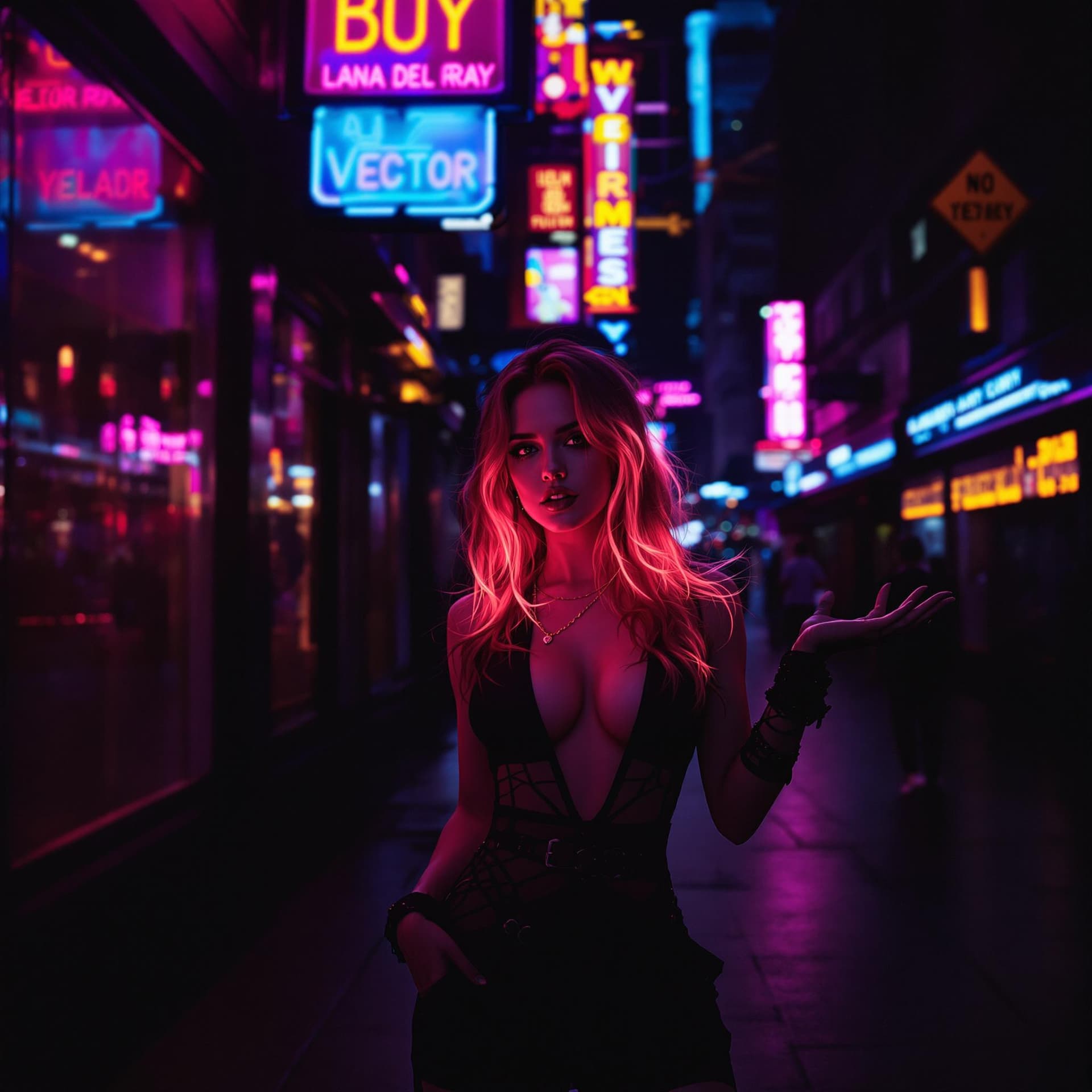 AI generated: Lana Del Ray Holding a "Vector " neon sign, night street, cyberpunk