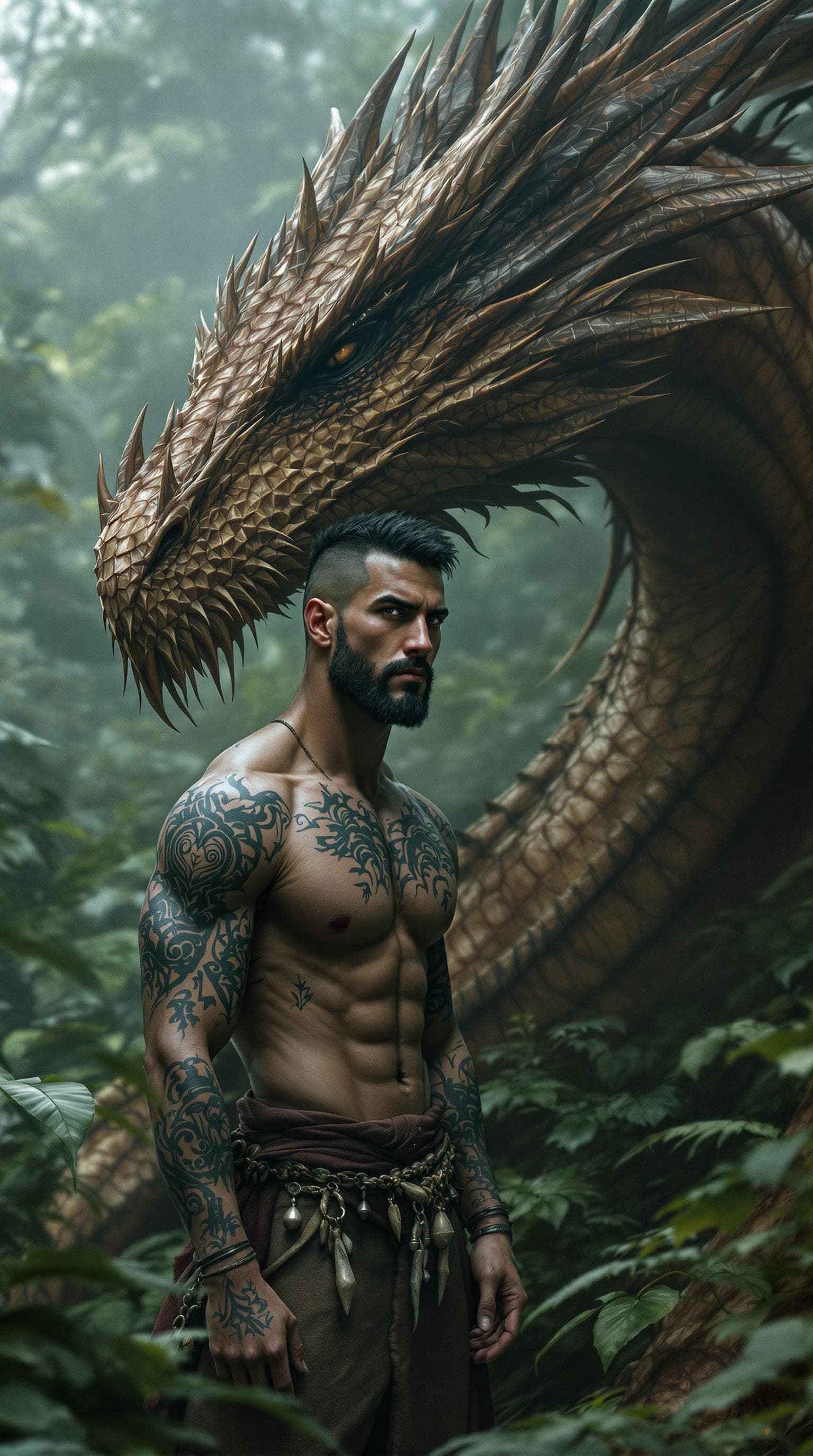 AI generated: “In a mist-shrouded jungle, a tattooed warrior stands alongside a majestic dragon. His muscular tors...