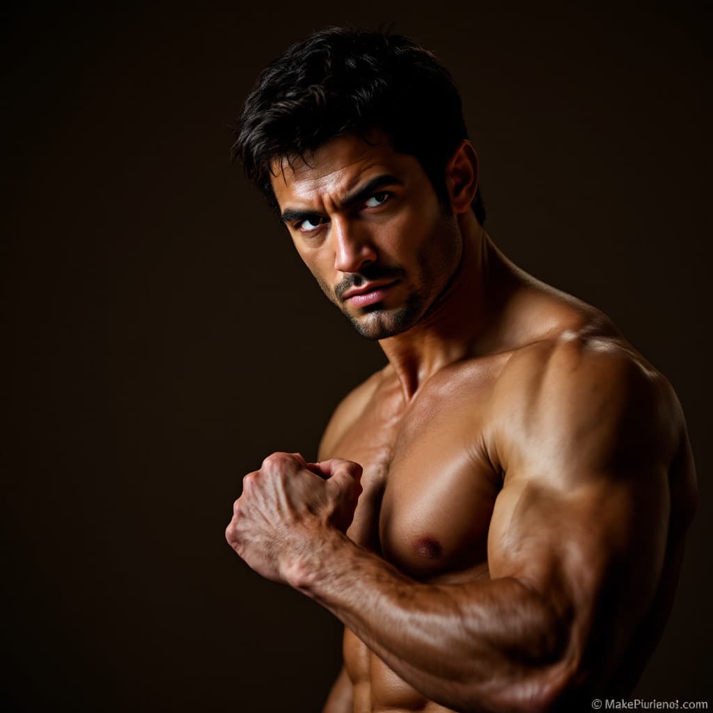 AI generated: make image  depicting a shirtless man with short dark hair, standing in a fighting stance with his f...
