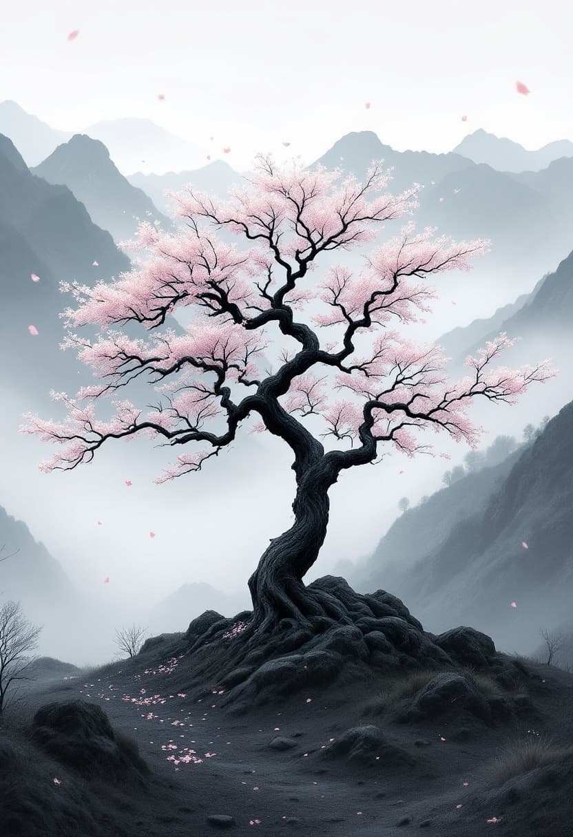 AI generated: Traditional cherry blossom tree standing alone in a misty mountain valley, mid-range view. The tree ...