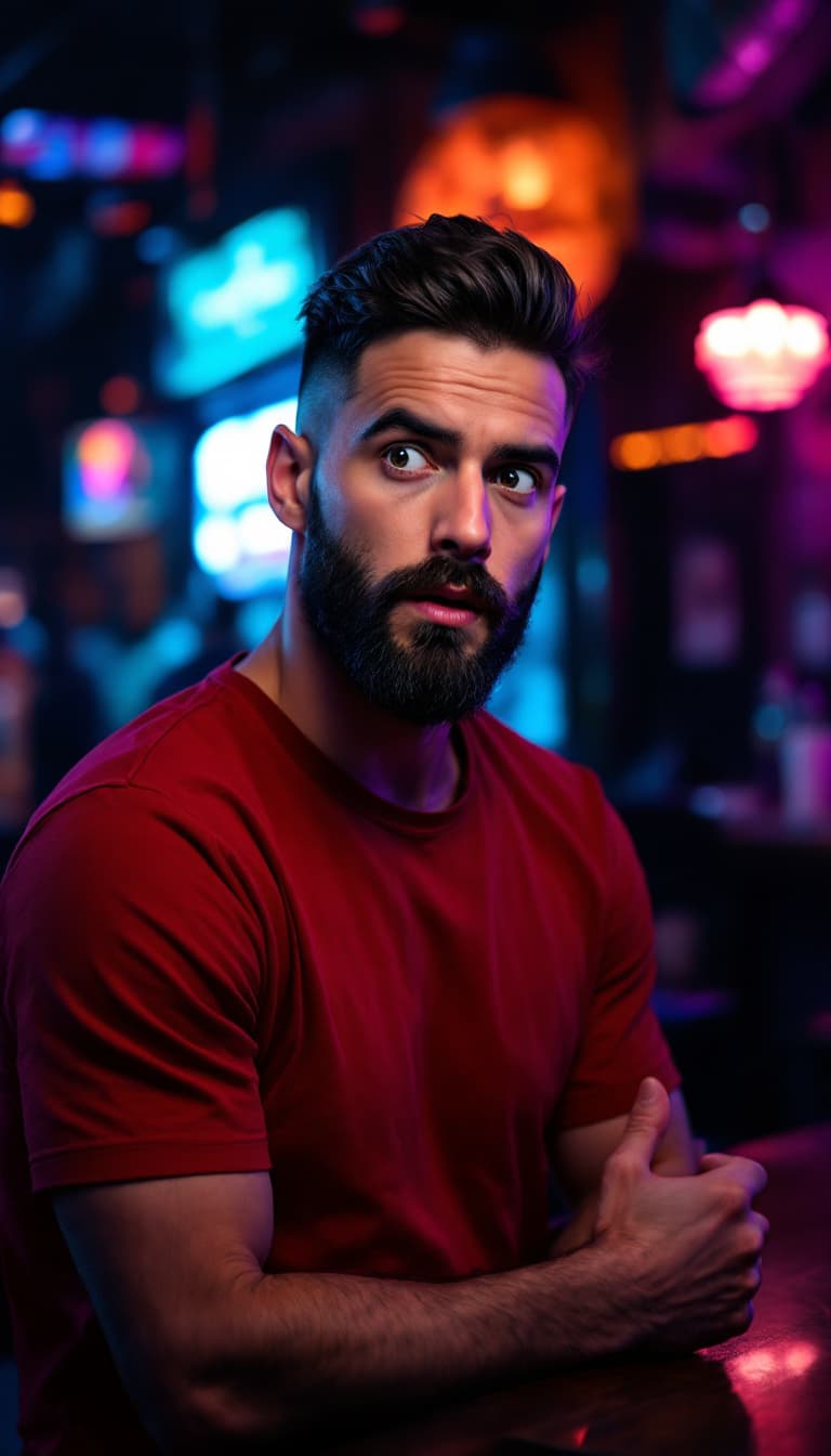 AI generated: Upper body photograph of a handsome, surprised man standing, burst-taper dark hair, short trimmed sh...