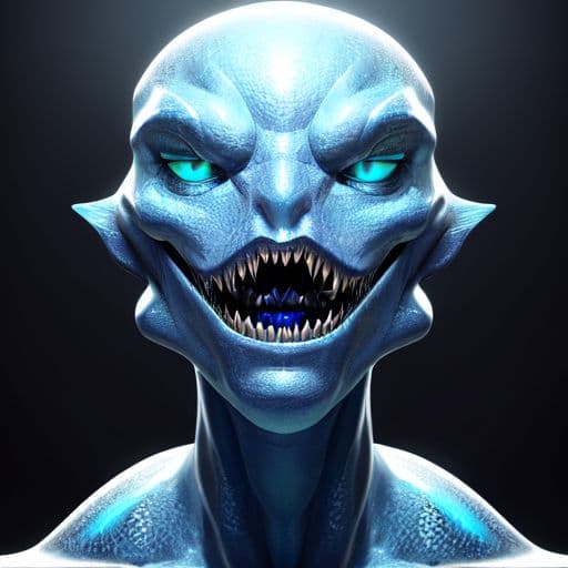 AI generated: An aquatic demon, humanoid figure, angular features, blue skin tone, furrowed brow, sharp teeth, ope...