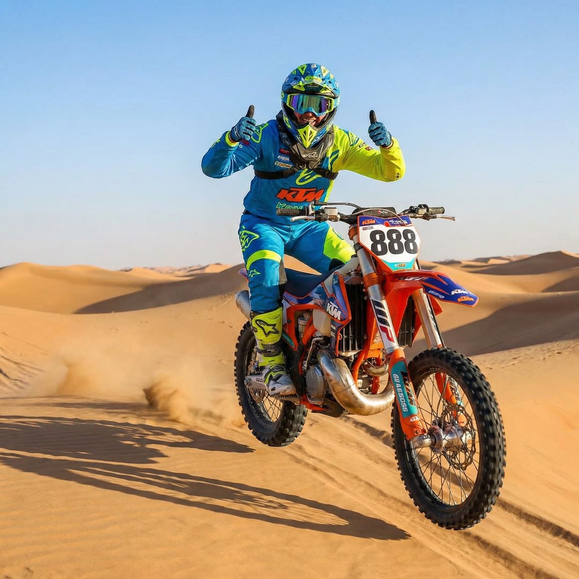 AI generated: A dynamic scene featuring a motocross rider in vibrant gear, showcasing a bold mix of blue and neon ...