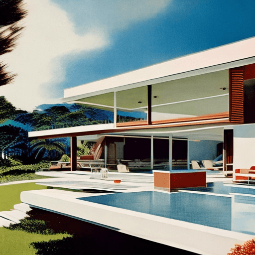 AI generated: Hyper realistic eye level exterior photo of a mid century modern style house overlooking the ocean, ...