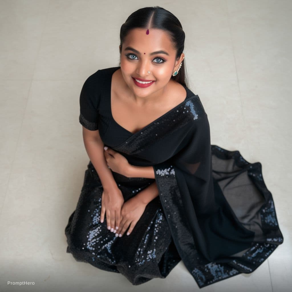 AI generated: Shot from above, 20 years old India lady, [slim lady, slender lady], with big expressive eyes, [blue...