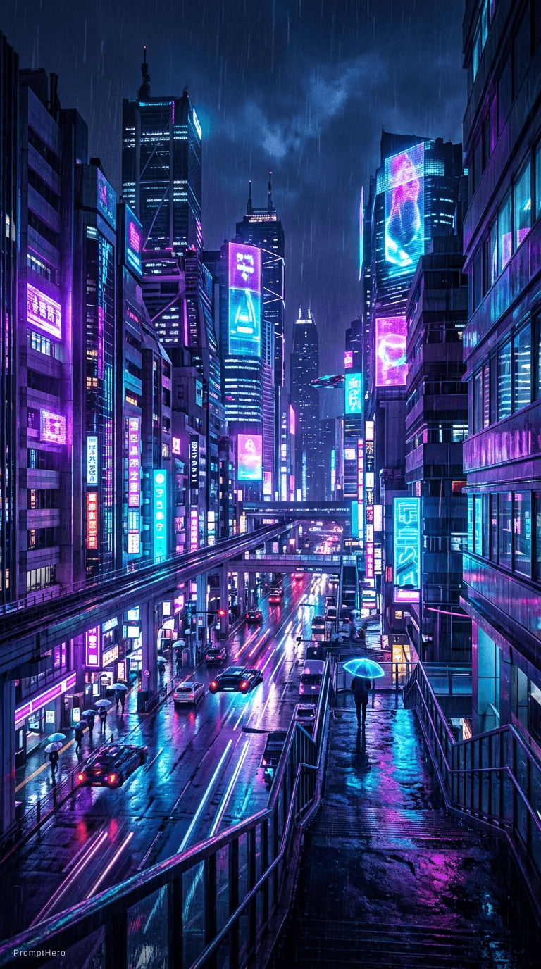 AI generated: neon cyberpunk city at night, rain reflections, purple and blue lights, futuristic