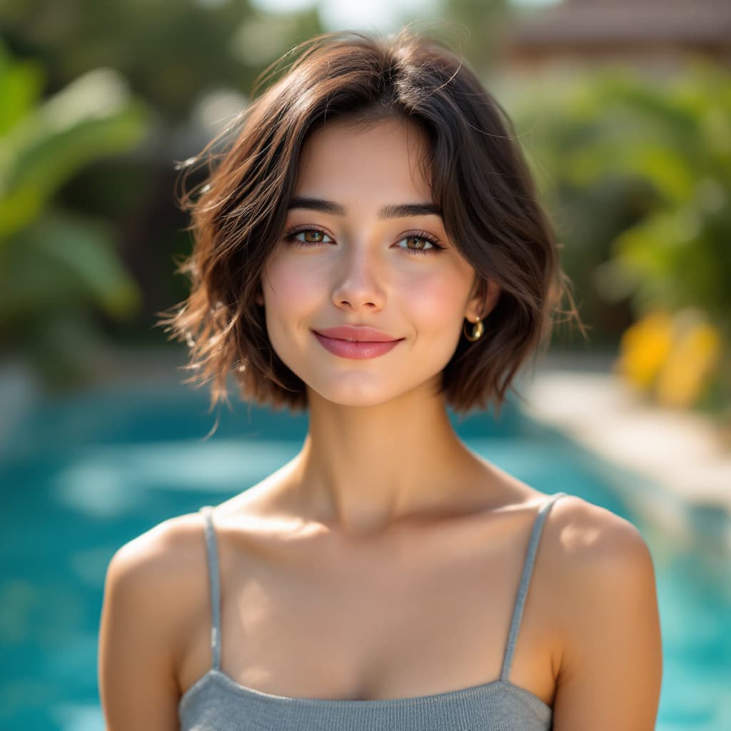 AI generated: A portrait of a young woman with short dark brown hair, wearing a grey spaghetti-strap top, standing...