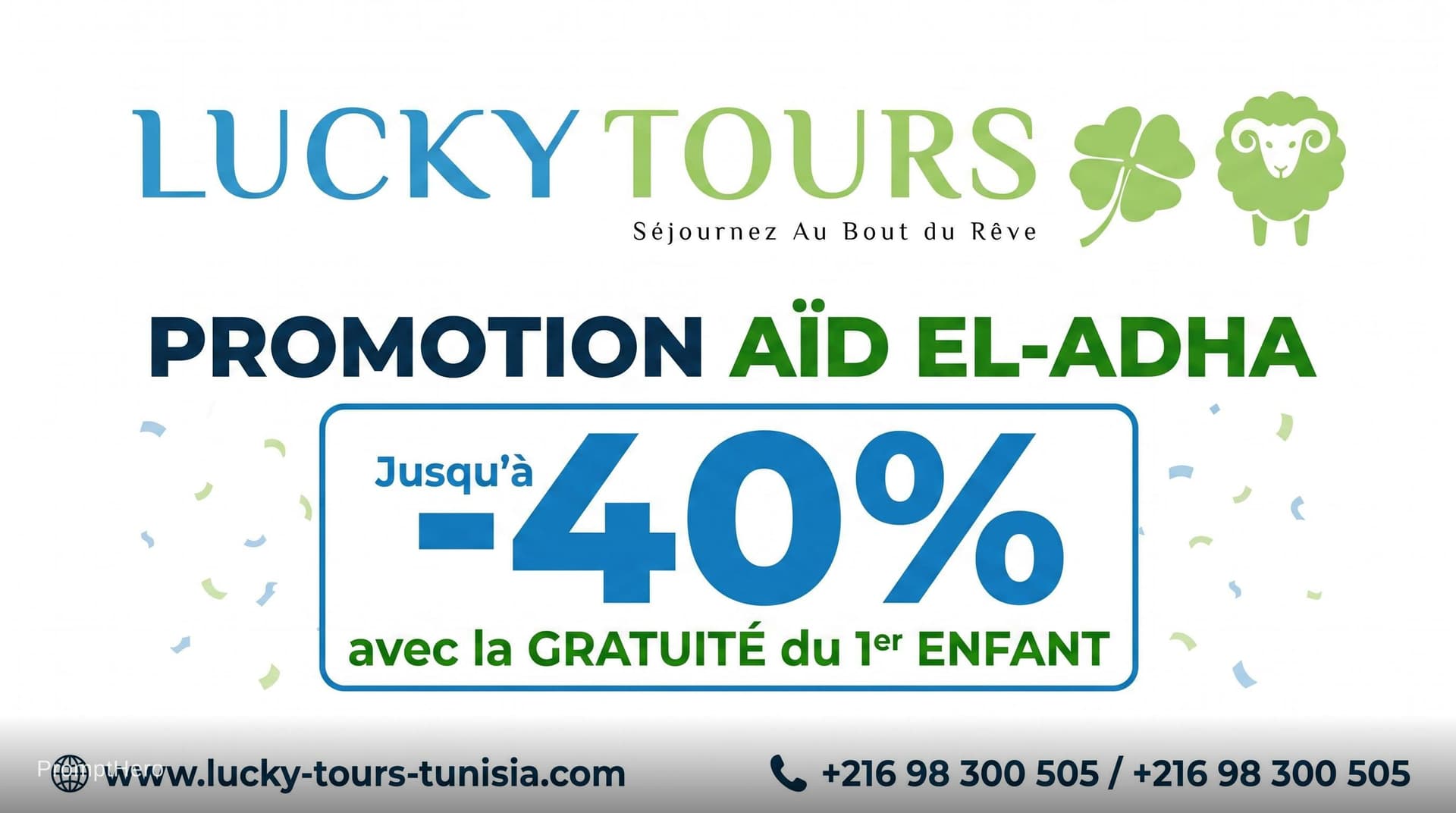 AI generated: Promo aid idhha pour agence de voyage "Lucky tours" : jusqu'a  -40% avec la gratuité du 1er enfant -...