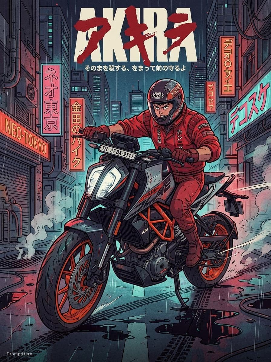 AI generated: anime poster of a man riding a motorcycle in the city, style of akira motion movie, akira art style,...