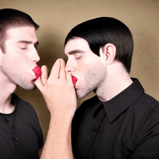 AI generated: 2 adult men kissing (first man: adult, long black hair, wavy hair, pulled back bangs, sharp facial f...