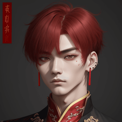 AI generated: 1boy, bangs, red_hair, chinese_clothes, xianxia, close-up, closed_mouth, black earrings, many pierci...