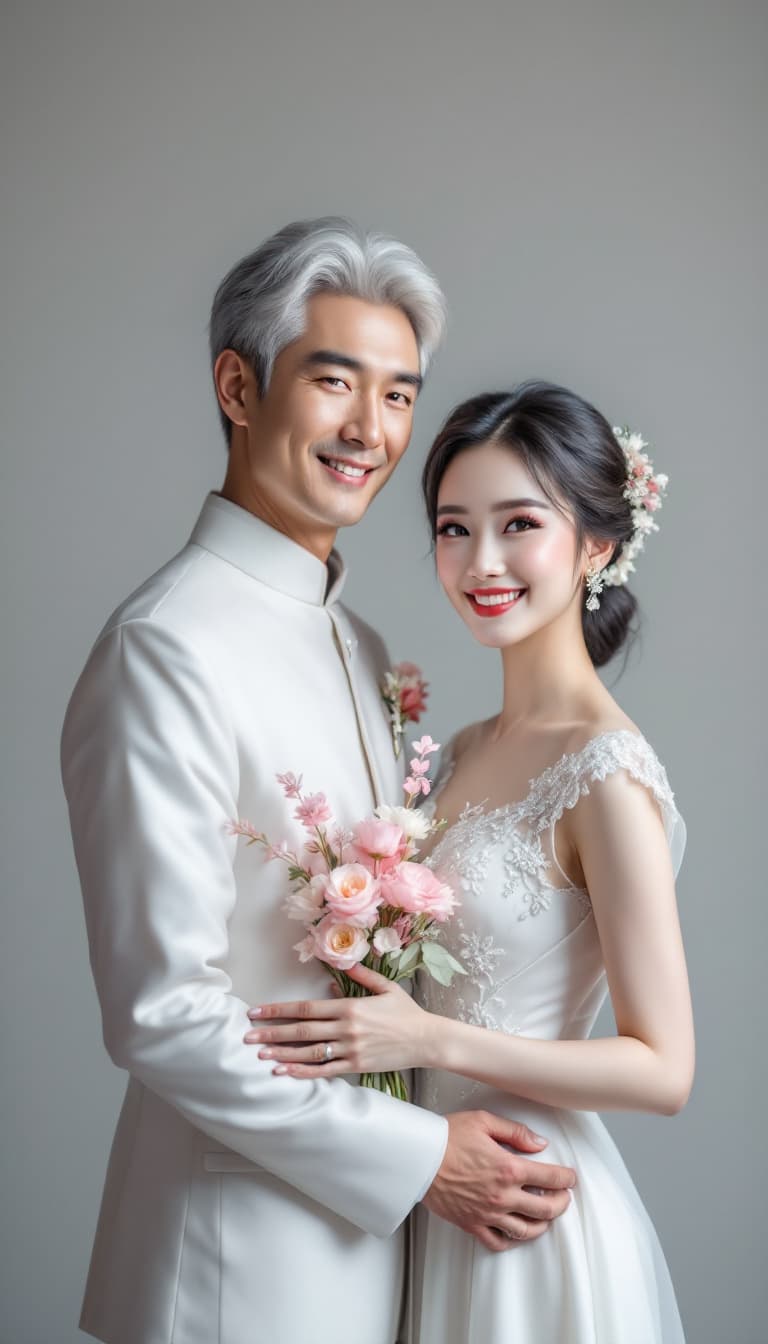 AI generated: Photo of two Chinese wedding models, a silver-haired man and a woman in white dresses, smiling, hold...